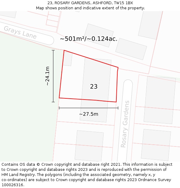 23, ROSARY GARDENS, ASHFORD, TW15 1BX: Plot and title map