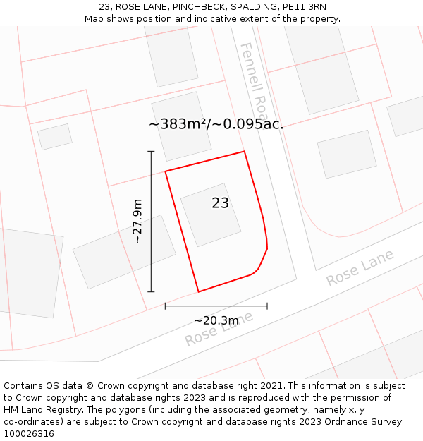 23, ROSE LANE, PINCHBECK, SPALDING, PE11 3RN: Plot and title map