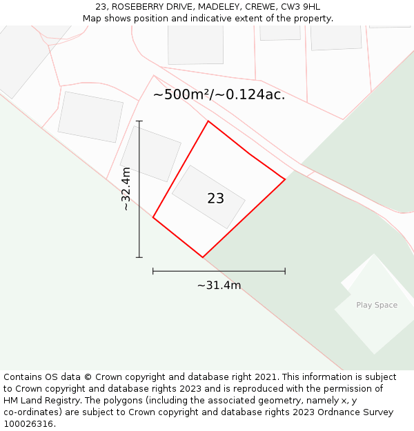 23, ROSEBERRY DRIVE, MADELEY, CREWE, CW3 9HL: Plot and title map