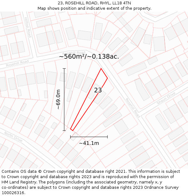 23, ROSEHILL ROAD, RHYL, LL18 4TN: Plot and title map