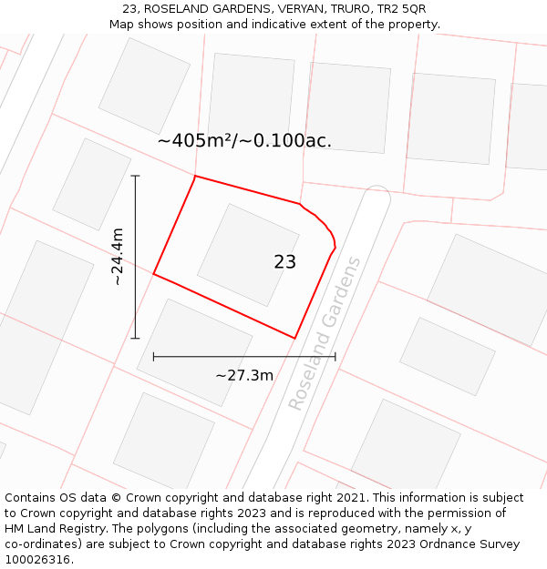 23, ROSELAND GARDENS, VERYAN, TRURO, TR2 5QR: Plot and title map