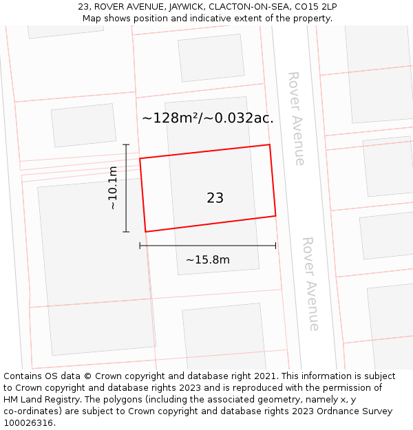 23, ROVER AVENUE, JAYWICK, CLACTON-ON-SEA, CO15 2LP: Plot and title map