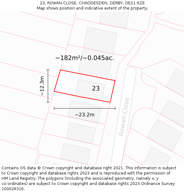 23, ROWAN CLOSE, CHADDESDEN, DERBY, DE21 6ZE: Plot and title map