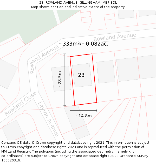 23, ROWLAND AVENUE, GILLINGHAM, ME7 3DL: Plot and title map