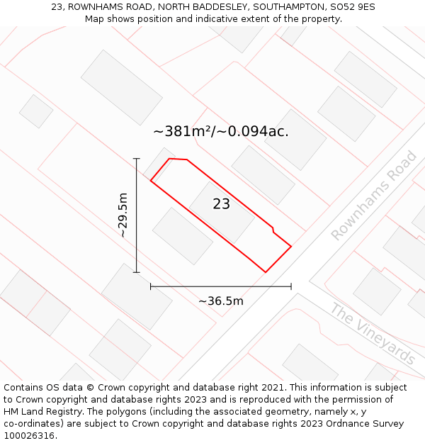 23, ROWNHAMS ROAD, NORTH BADDESLEY, SOUTHAMPTON, SO52 9ES: Plot and title map