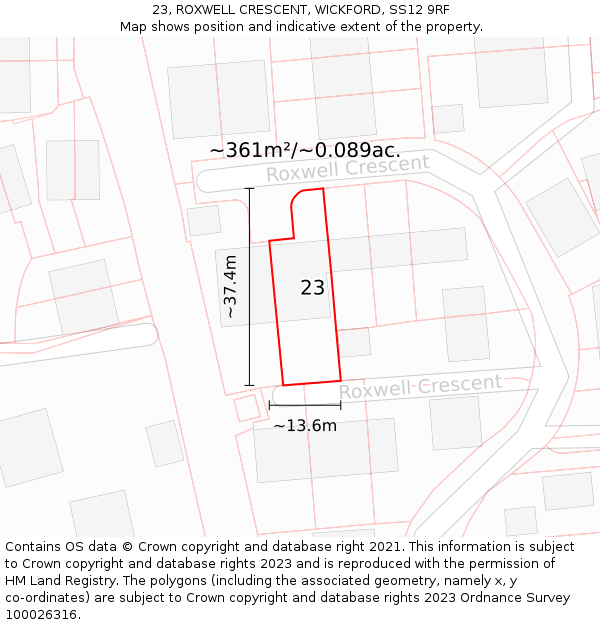 23, ROXWELL CRESCENT, WICKFORD, SS12 9RF: Plot and title map