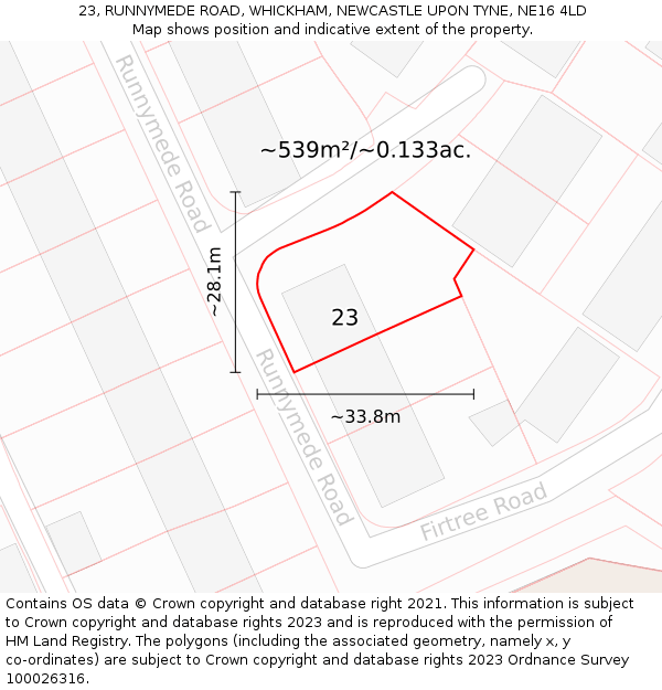 23, RUNNYMEDE ROAD, WHICKHAM, NEWCASTLE UPON TYNE, NE16 4LD: Plot and title map