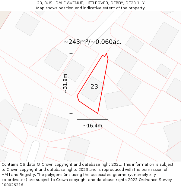 23, RUSHDALE AVENUE, LITTLEOVER, DERBY, DE23 1HY: Plot and title map