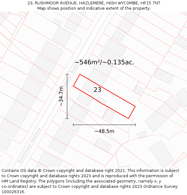 23, RUSHMOOR AVENUE, HAZLEMERE, HIGH WYCOMBE, HP15 7NT: Plot and title map