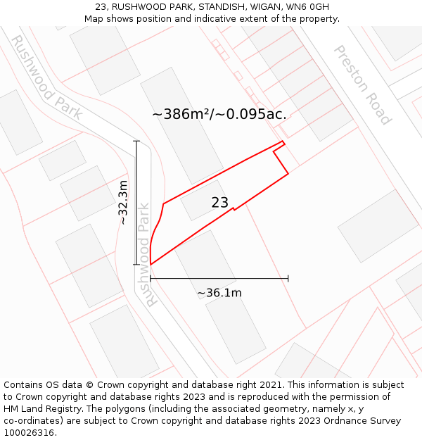 23, RUSHWOOD PARK, STANDISH, WIGAN, WN6 0GH: Plot and title map