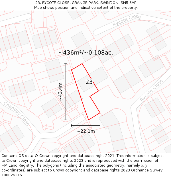 23, RYCOTE CLOSE, GRANGE PARK, SWINDON, SN5 6AP: Plot and title map