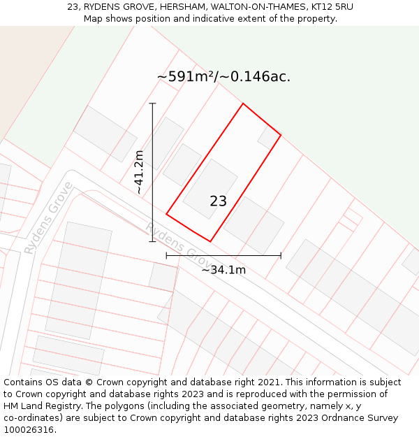 23, RYDENS GROVE, HERSHAM, WALTON-ON-THAMES, KT12 5RU: Plot and title map