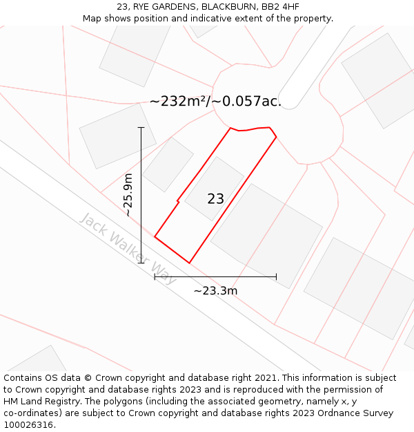 23, RYE GARDENS, BLACKBURN, BB2 4HF: Plot and title map