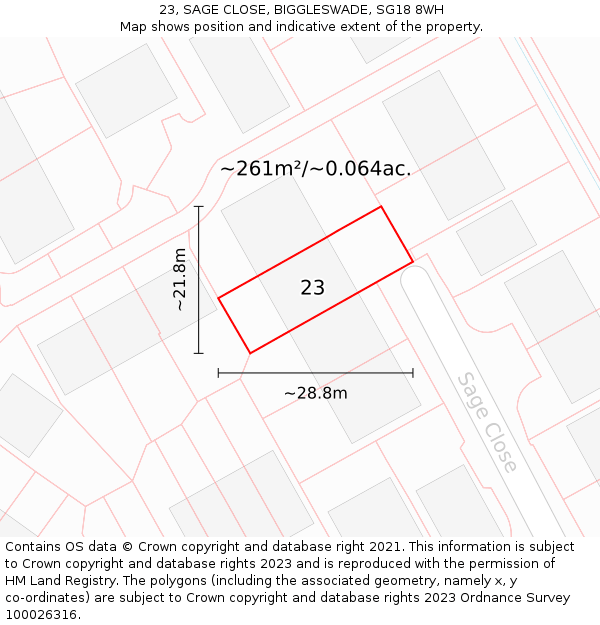 23, SAGE CLOSE, BIGGLESWADE, SG18 8WH: Plot and title map