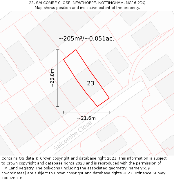 23, SALCOMBE CLOSE, NEWTHORPE, NOTTINGHAM, NG16 2DQ: Plot and title map
