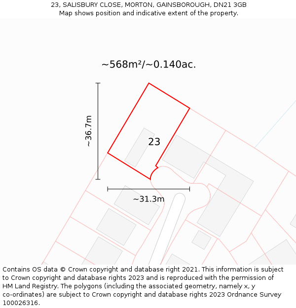 23, SALISBURY CLOSE, MORTON, GAINSBOROUGH, DN21 3GB: Plot and title map