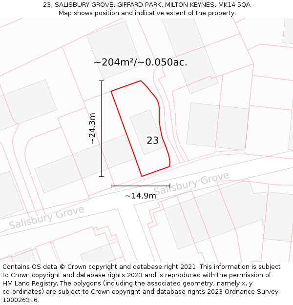 23, SALISBURY GROVE, GIFFARD PARK, MILTON KEYNES, MK14 5QA: Plot and title map