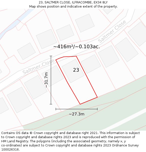 23, SALTMER CLOSE, ILFRACOMBE, EX34 8LY: Plot and title map