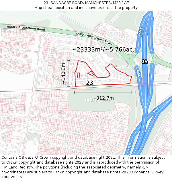 23, SANDACRE ROAD, MANCHESTER, M23 1AE: Plot and title map