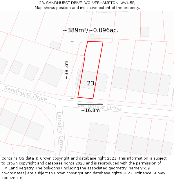 23, SANDHURST DRIVE, WOLVERHAMPTON, WV4 5RJ: Plot and title map