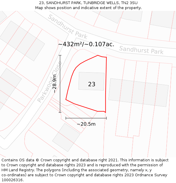 23, SANDHURST PARK, TUNBRIDGE WELLS, TN2 3SU: Plot and title map