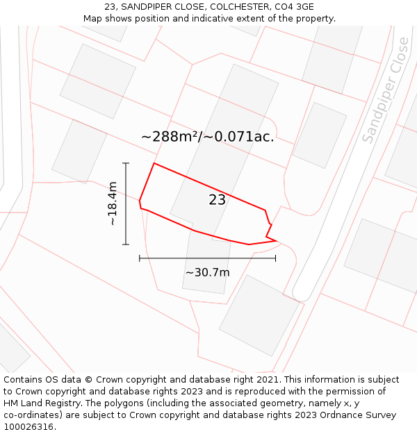 23, SANDPIPER CLOSE, COLCHESTER, CO4 3GE: Plot and title map