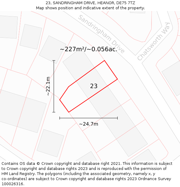 23, SANDRINGHAM DRIVE, HEANOR, DE75 7TZ: Plot and title map