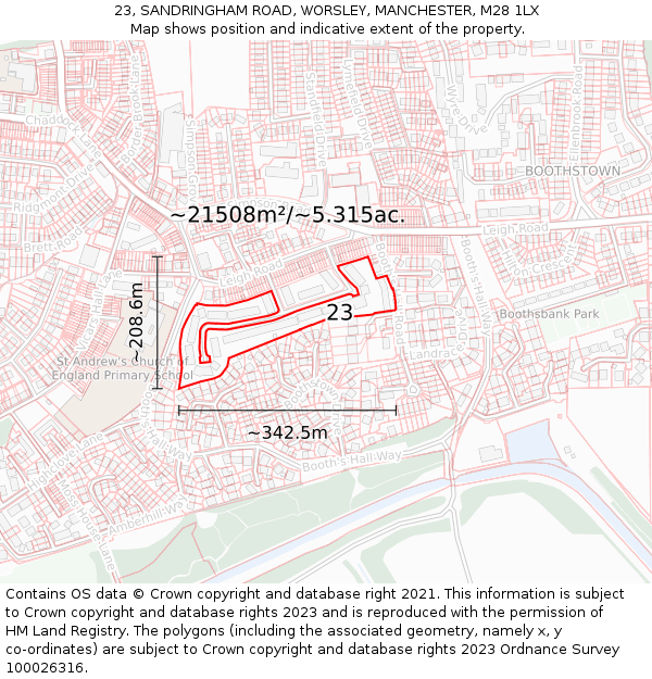 23, SANDRINGHAM ROAD, WORSLEY, MANCHESTER, M28 1LX: Plot and title map