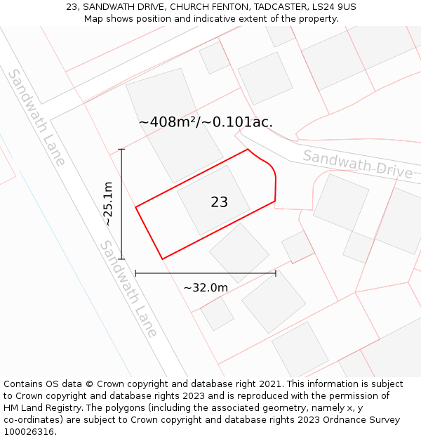 23, SANDWATH DRIVE, CHURCH FENTON, TADCASTER, LS24 9US: Plot and title map