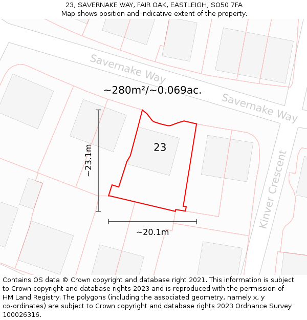 23, SAVERNAKE WAY, FAIR OAK, EASTLEIGH, SO50 7FA: Plot and title map