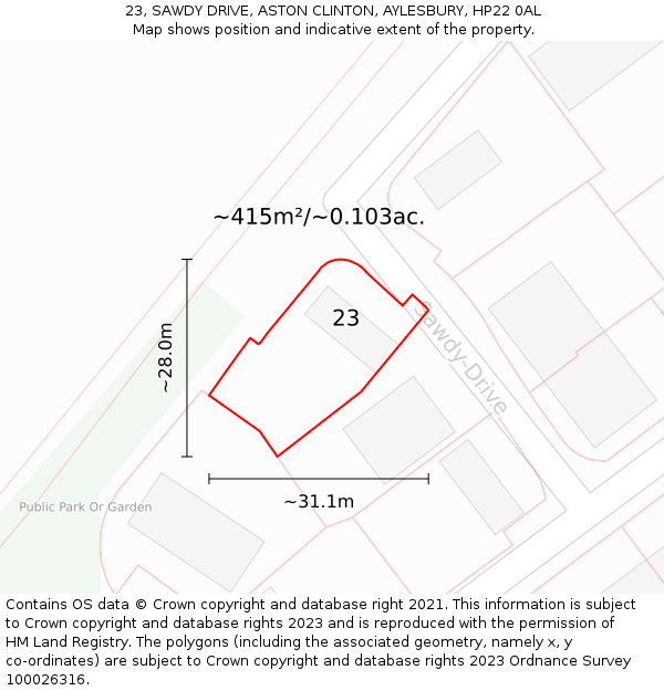 23, SAWDY DRIVE, ASTON CLINTON, AYLESBURY, HP22 0AL: Plot and title map