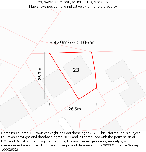 23, SAWYERS CLOSE, WINCHESTER, SO22 5JX: Plot and title map