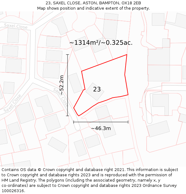 23, SAXEL CLOSE, ASTON, BAMPTON, OX18 2EB: Plot and title map