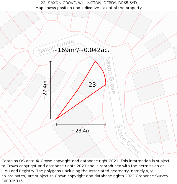 23, SAXON GROVE, WILLINGTON, DERBY, DE65 6YD: Plot and title map