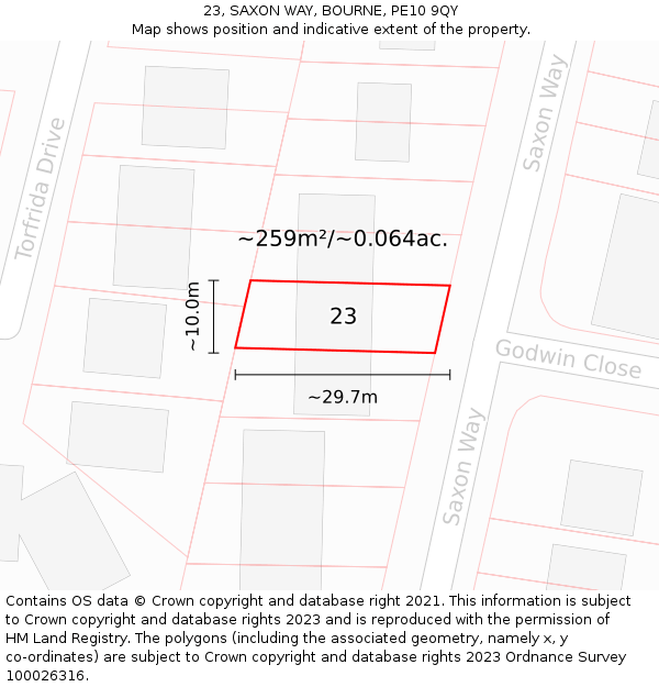 23, SAXON WAY, BOURNE, PE10 9QY: Plot and title map