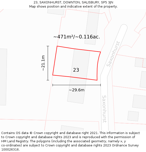 23, SAXONHURST, DOWNTON, SALISBURY, SP5 3JN: Plot and title map