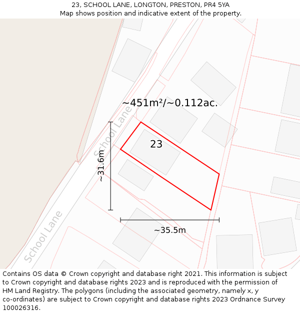 23, SCHOOL LANE, LONGTON, PRESTON, PR4 5YA: Plot and title map