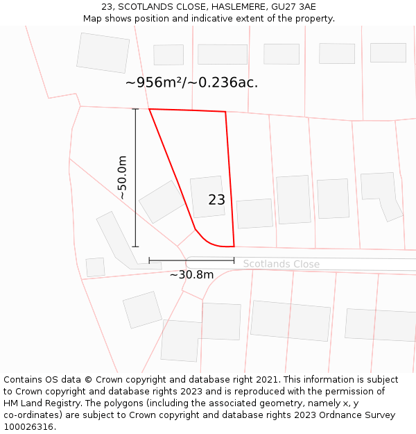 23, SCOTLANDS CLOSE, HASLEMERE, GU27 3AE: Plot and title map