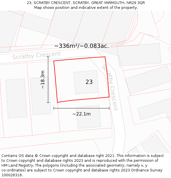 23, SCRATBY CRESCENT, SCRATBY, GREAT YARMOUTH, NR29 3QR: Plot and title map