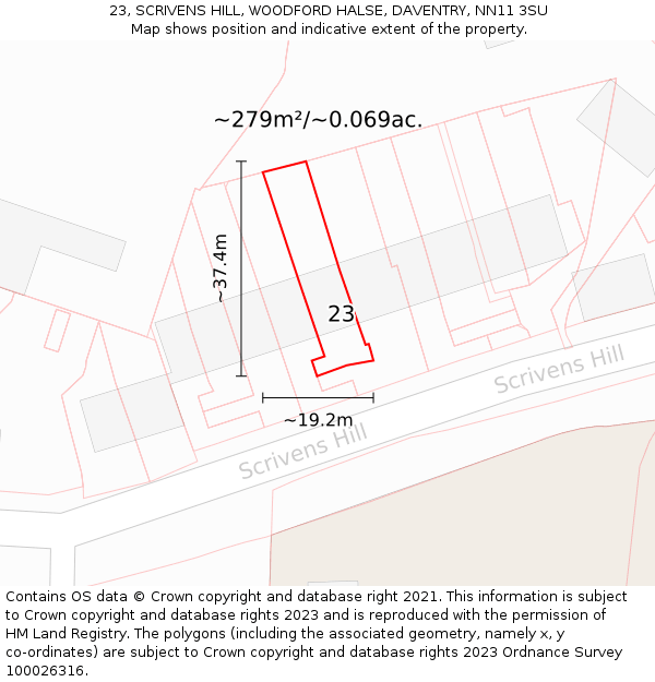 23, SCRIVENS HILL, WOODFORD HALSE, DAVENTRY, NN11 3SU: Plot and title map