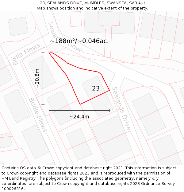 23, SEALANDS DRIVE, MUMBLES, SWANSEA, SA3 4JU: Plot and title map