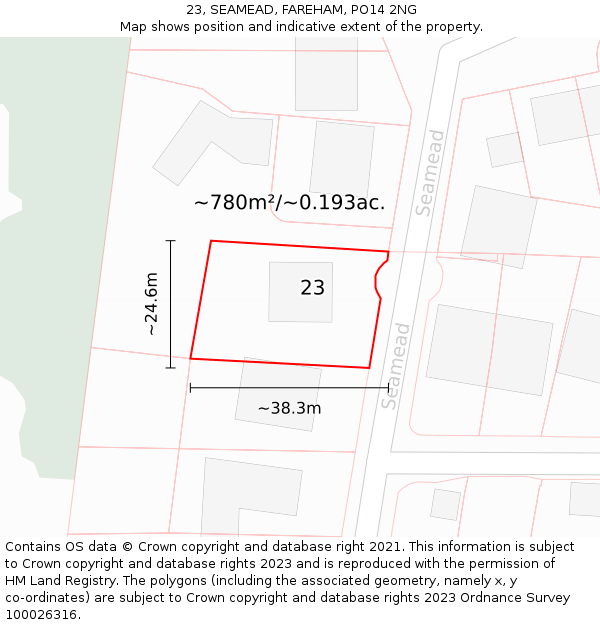 23, SEAMEAD, FAREHAM, PO14 2NG: Plot and title map