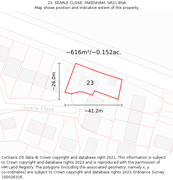 23, SEARLE CLOSE, FAKENHAM, NR21 8NA: Plot and title map