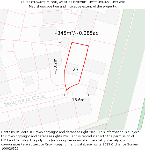 23, SEATHWAITE CLOSE, WEST BRIDGFORD, NOTTINGHAM, NG2 6SF: Plot and title map