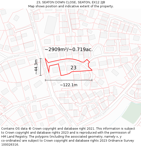 23, SEATON DOWN CLOSE, SEATON, EX12 2JB: Plot and title map