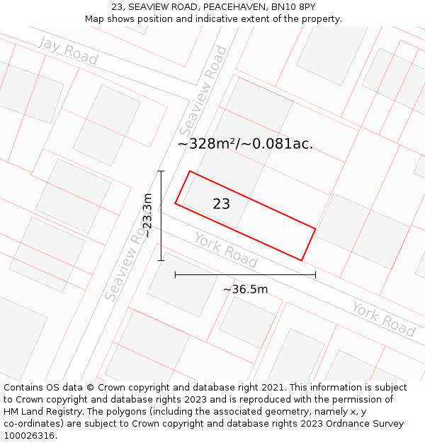 23, SEAVIEW ROAD, PEACEHAVEN, BN10 8PY: Plot and title map