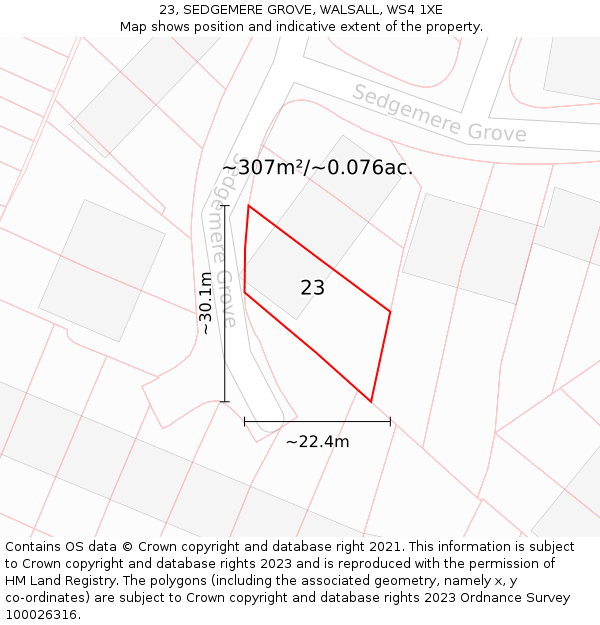 23, SEDGEMERE GROVE, WALSALL, WS4 1XE: Plot and title map