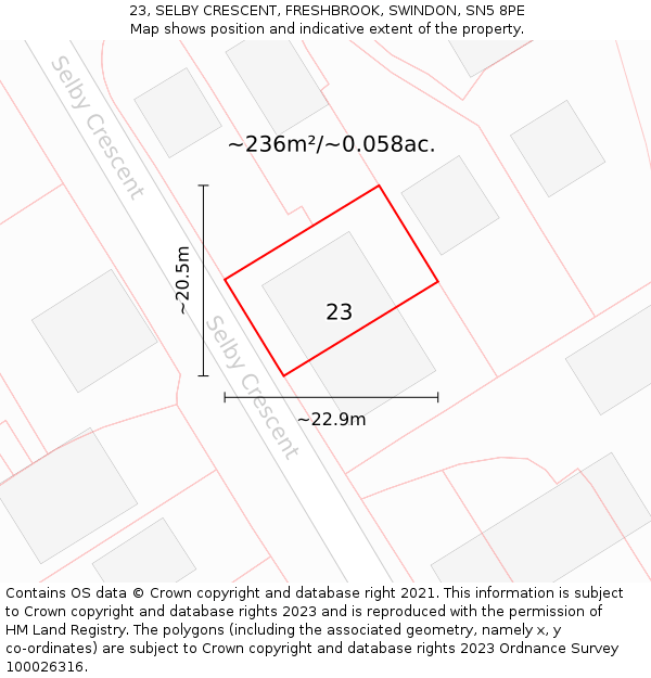 23, SELBY CRESCENT, FRESHBROOK, SWINDON, SN5 8PE: Plot and title map