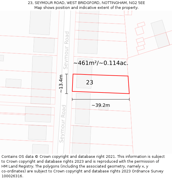 23, SEYMOUR ROAD, WEST BRIDGFORD, NOTTINGHAM, NG2 5EE: Plot and title map