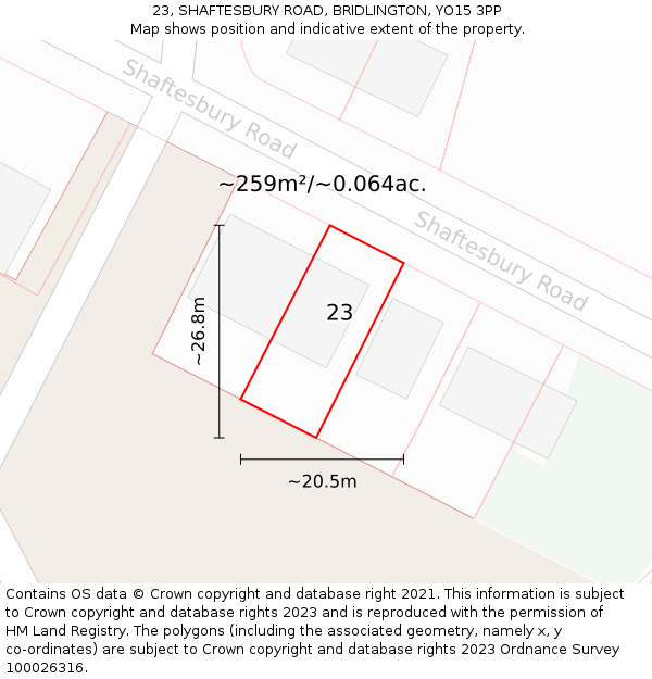 23, SHAFTESBURY ROAD, BRIDLINGTON, YO15 3PP: Plot and title map